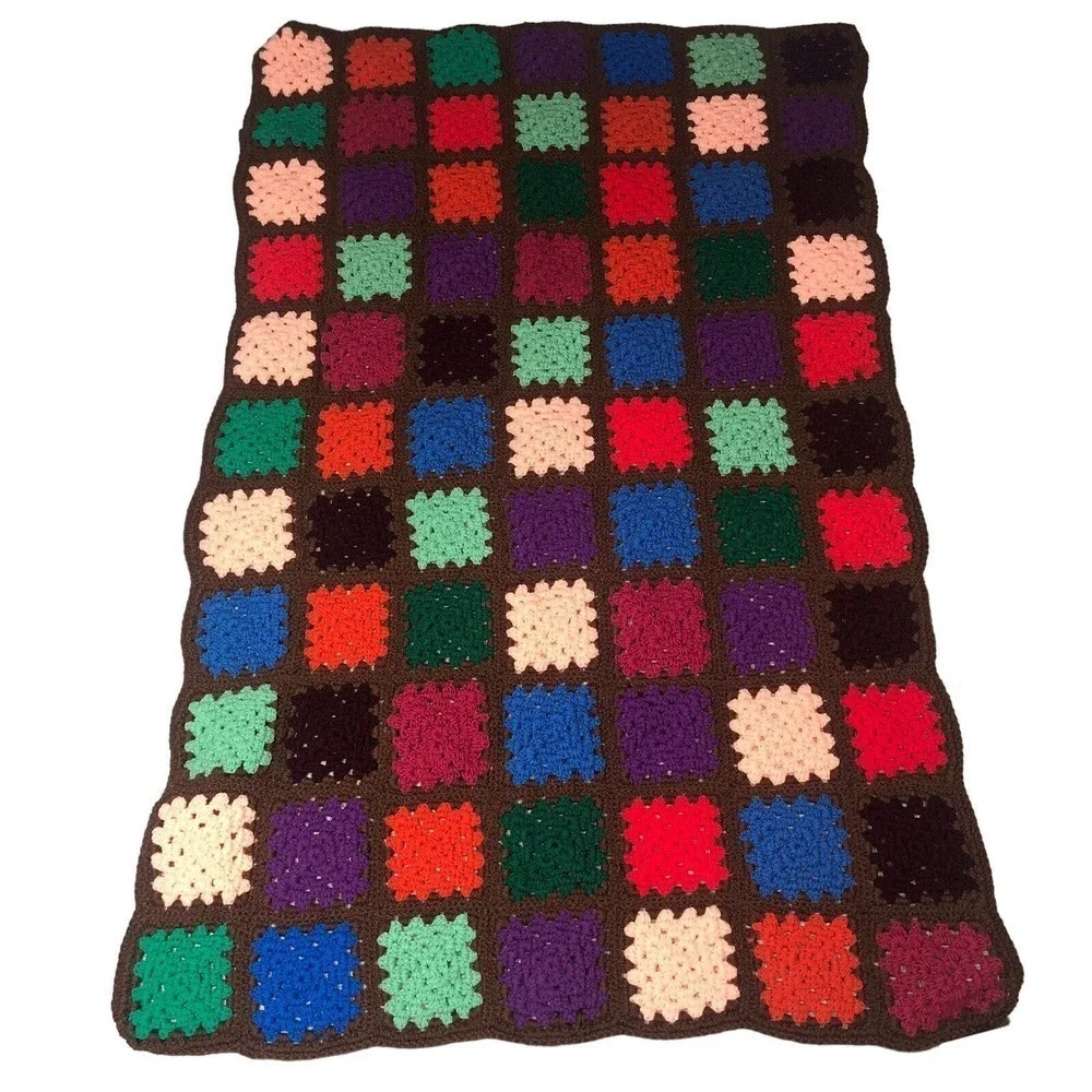 Granny Square Handmade Crochet Throw Brown Multi Chunky Funky Bohemian‎ Vintage